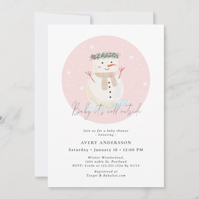 Pink Snowman Baby It's Cold Outside Baby Shower Invitation (Front)
