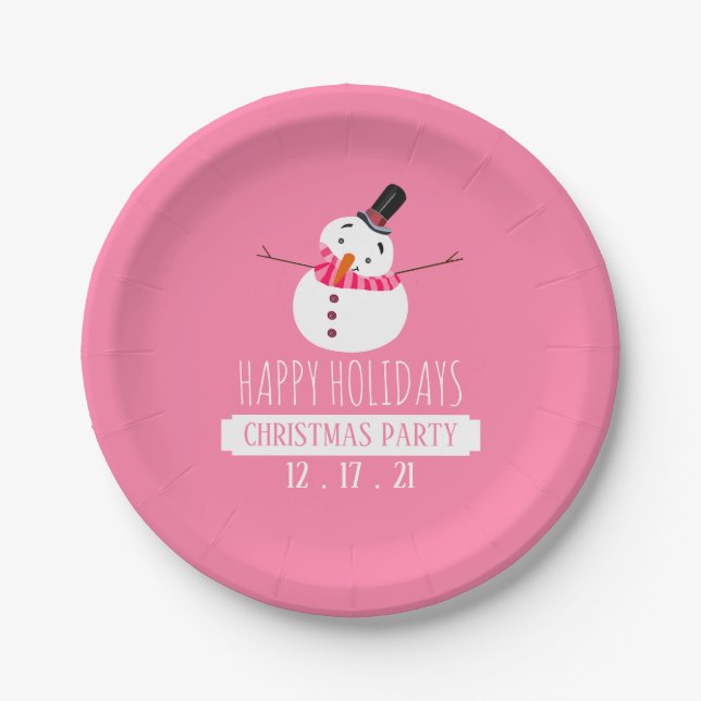 Pink Snowman, Christmas Party Paper Plate (Front)