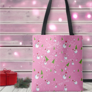 Pink Snowman Christmas Tote Bag