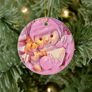 Pink Snowman Girl and Dog Custom Christmas Ceramic Tree Decoration