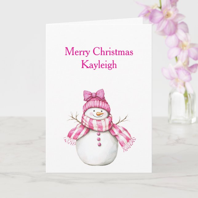 Pink Snowman Girl Christmas Card (Orchid)