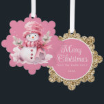 Pink Snowman Gold Merry Christmas Greeting Tree Decoration Card<br><div class="desc">Christmas ornament/greeting with a cute snowman wearing a pink hat and scarf  Personalise the back with your greeting and any other text you choose. Contact me for assistance with your customisations or to request additional matching or coordinating products.</div>