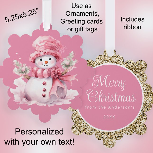 Pink Snowman Gold Merry Christmas Greeting Tree Decoration Card (Cute pink snowman Christmas ornament, greeting card, and gift tag combo)