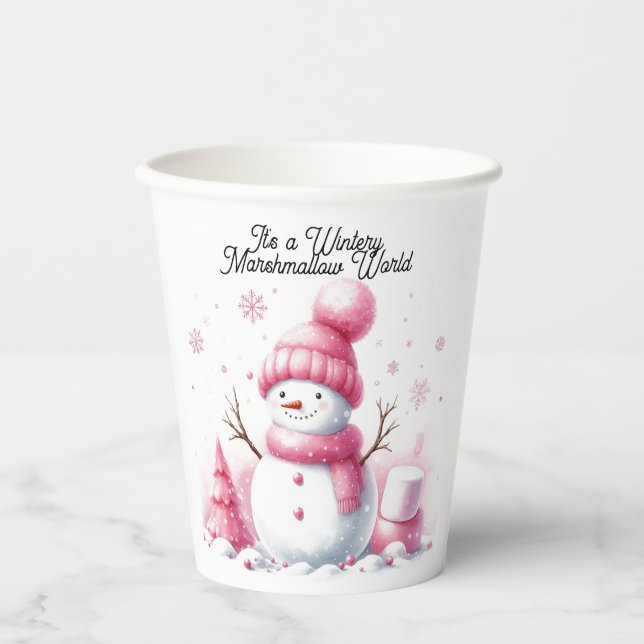 Pink Snowman Marshmallow World  Paper Cups (Front)