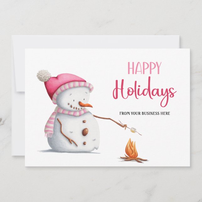 Pink Snowman Marshmallows Happy Holidays Business Holiday Card (Front)