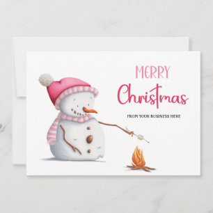 Pink Snowman Marshmallows Merry Christmas Business Holiday Card