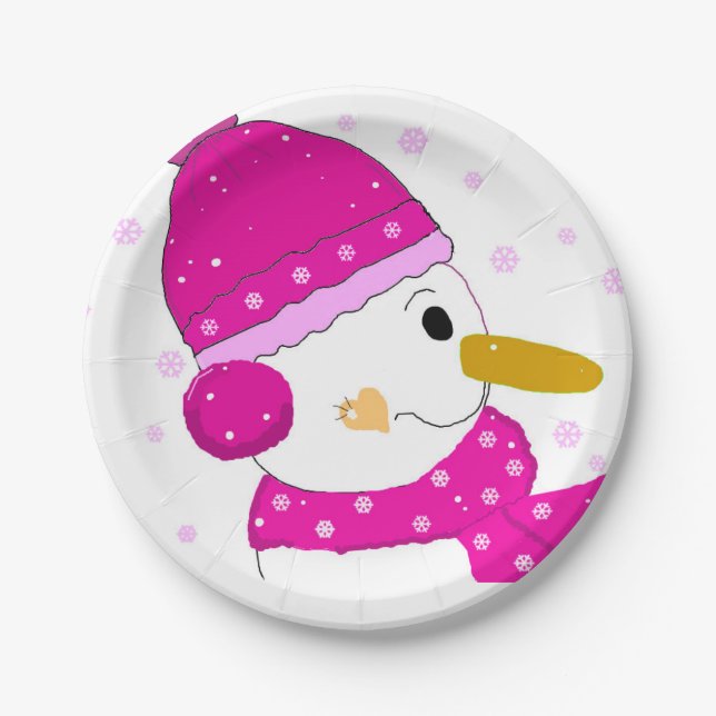 Pink Snowman Paper Plate (Front)