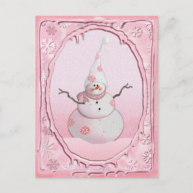 PINK SNOWMAN, SCARF & SNOW HAT by SHARON SHARPE Postcard (Front)