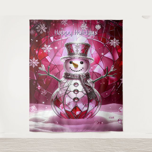 Pink Snowman Snowflakes Holiday Backdrop Tapestry (Front)