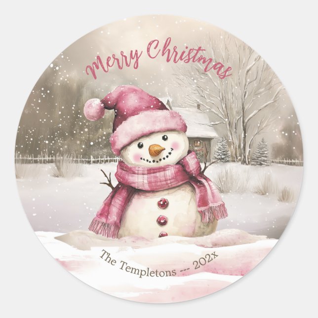 Pink Snowman Vintage Christmas Classic Round Sticker (Front)