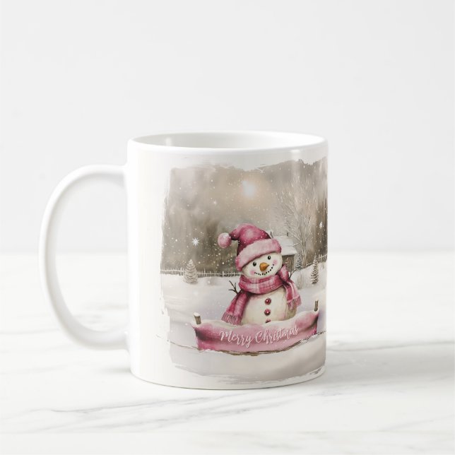 Pink Snowman Vintage Christmas Coffee Mug (Left)