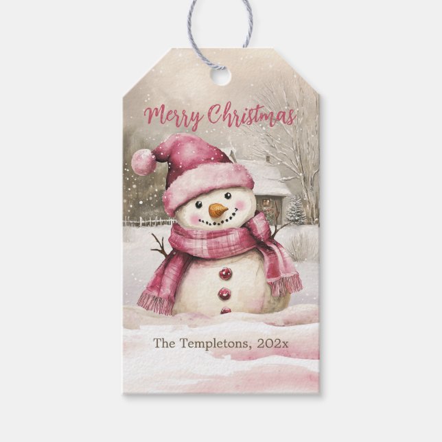 Pink Snowman Vintage Christmas Gift Tags (Front)