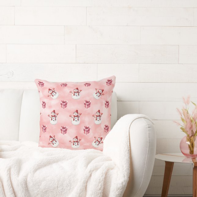Pink Snowman Winter Decorative Cushion (Couch)