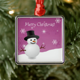 Pink Snowman Winter Scene Ceramic Ornament