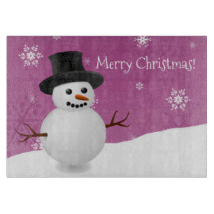 Pink Snowman Winter Scene Christmas Cutting Board