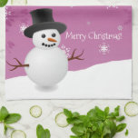 Pink Snowman Winter Scene Christmas Kitchen Towel<br><div class="desc">Add a holiday touch to your kitchen with this whimsical Pink Snowman Winter Scenery Christmas Kitchen Towel. Towel design features a happy snowman in a snowy wintry scene against a pink background adorned with matching colour snowflakes. Additional gift and holiday items available with this design as well.</div>