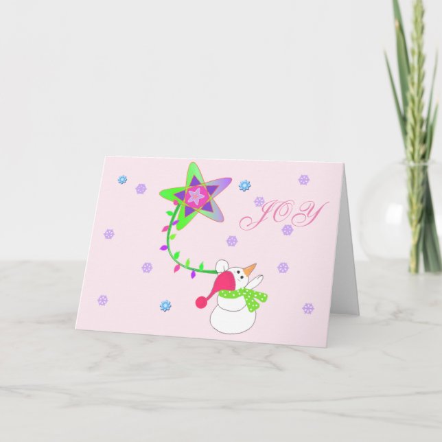 Pink Snowman Winter Scene Holiday Card (Front)