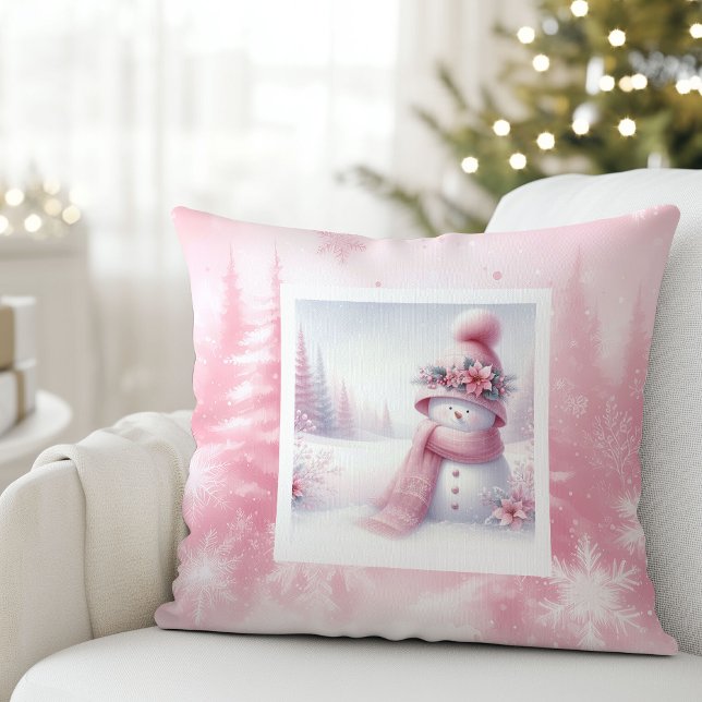 Pink Snowman Winter Scene Pinkmas Pillow Decor (Pink Snowman Winter Scene Pinkmas Pillow Decor)