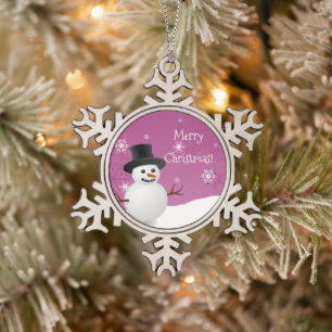 Pink Snowman Winter Scene Snowflake Ornament