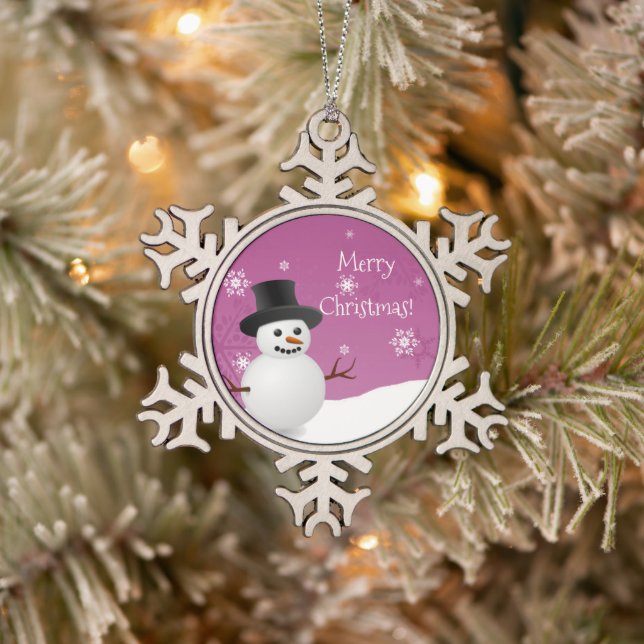 Pink Snowman Winter Scene Snowflake Ornament (Tree)
