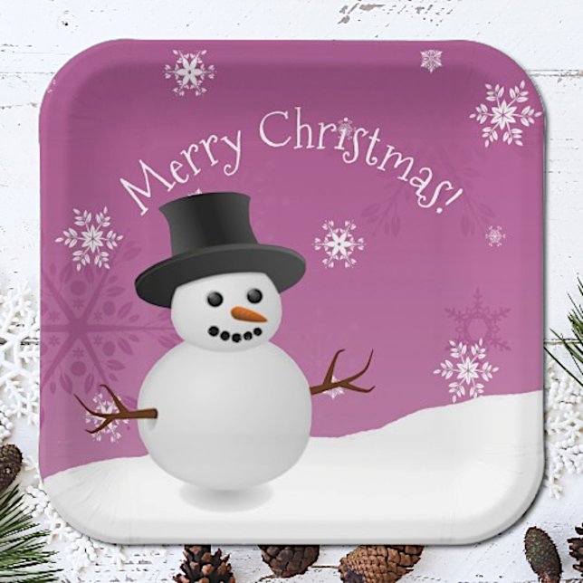 Pink Snowman Winter Scenery Christmas Paper Plate (Pink Snowman Winter Scenery Christmas Paper Plates)