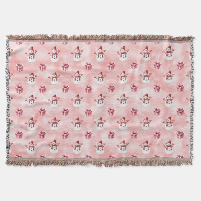 Pink Snowman Winter Throw Blanket (Front)