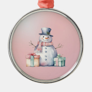 Pink Snowman with Packages Metal Tree Decoration