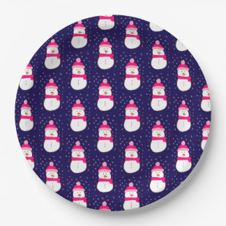 Pink Snowman with Snow Flurry Paper Plate