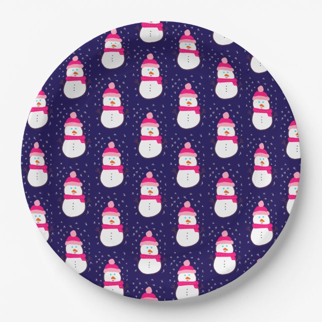 Pink Snowman with Snow Flurry  Paper Plate (Front)