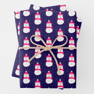 Pink Snowman with Snow Flurry  Wrapping Paper Sheet