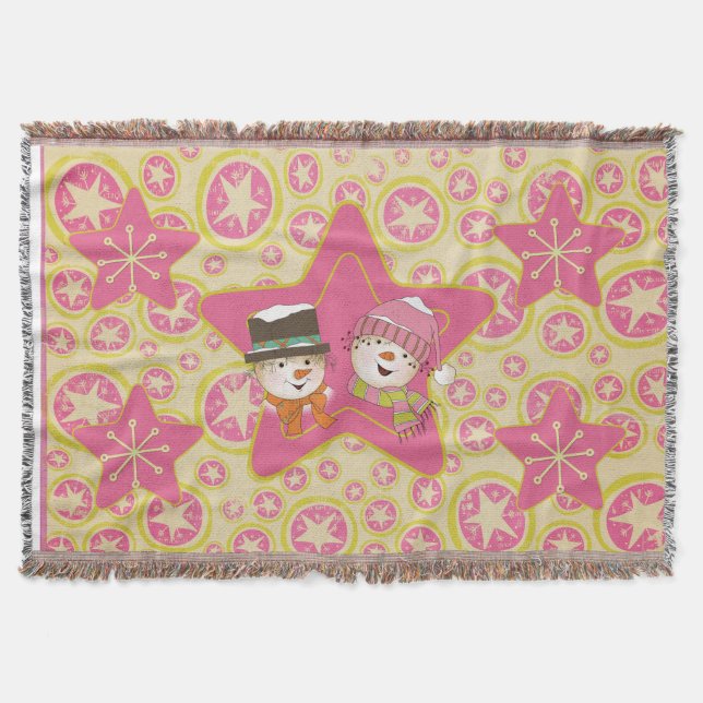Pink Snowmen and Stars Holiday Throw Blanket (Front)