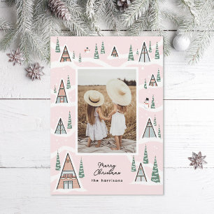 Pink Snowy A-Frames Winter Cabin Photo Holiday Card