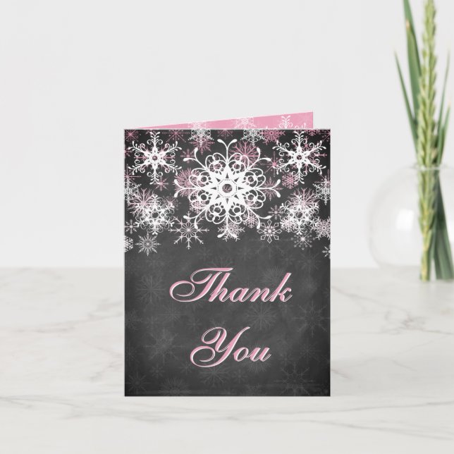 Pink Snowy Chalkboard Wedding Thank You Card (Front)
