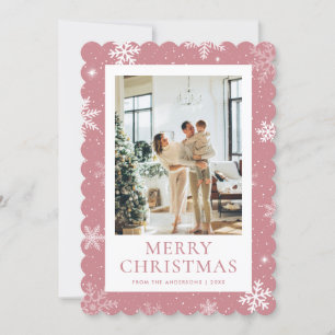 Pink Snowy Merry Christmas Snowflake Photo Holiday Card