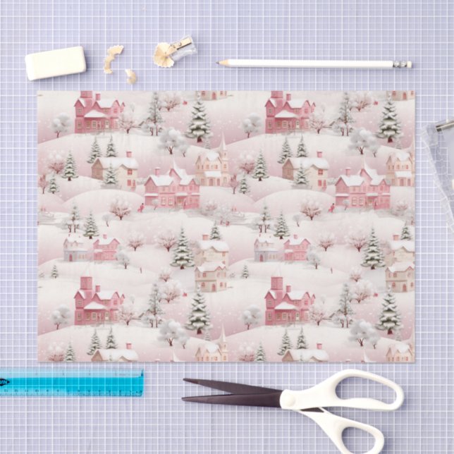 Pink Snowy Winter Village Christmas Scenery Tissue Paper (Craft)