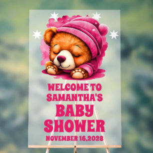 Pink Snuggle Bear Girl Baby Shower Welcome Frosted Acrylic Sign