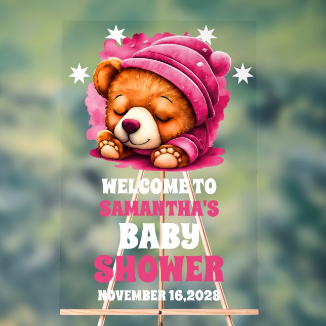 Pink Snuggle Teddy Bear Girl Baby Shower Welcome Acrylic Sign (Neutral)
