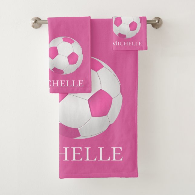pink soccer ball -  add name bath towel set (Insitu)