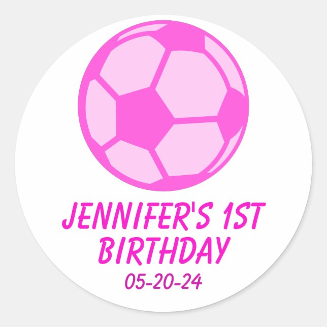 Pink Soccer Ball First Birthday Party Favour Classic Round Sticker (Front)