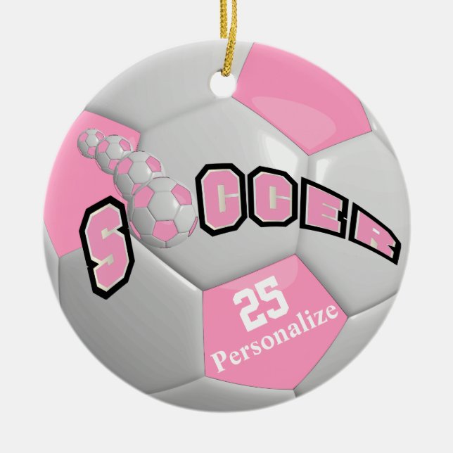 Pink Soccer Ball | Personalise Ceramic Tree Decoration (Front)