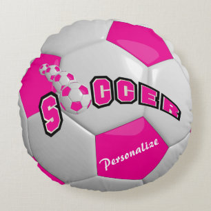 Pink Soccer Ball   Personalise Round Cushion