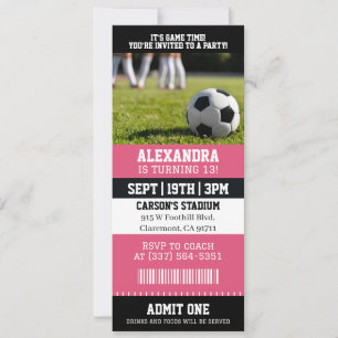 Pink Soccer Girl Ticket Birthday Party Invitation