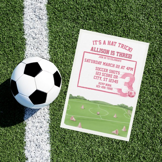 Pink Soccer Hat Trick, 3rd Birthday Invitation (Creator Uploaded)