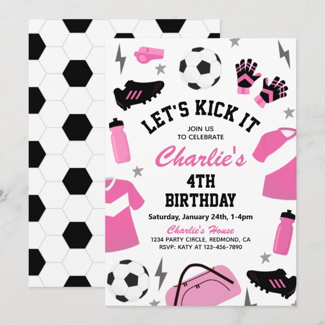 Pink Soccer Invitation | Soccer Party Invitations (Front/Back)