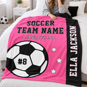 Pink Soccer Team Name and Player Fleece Blanket