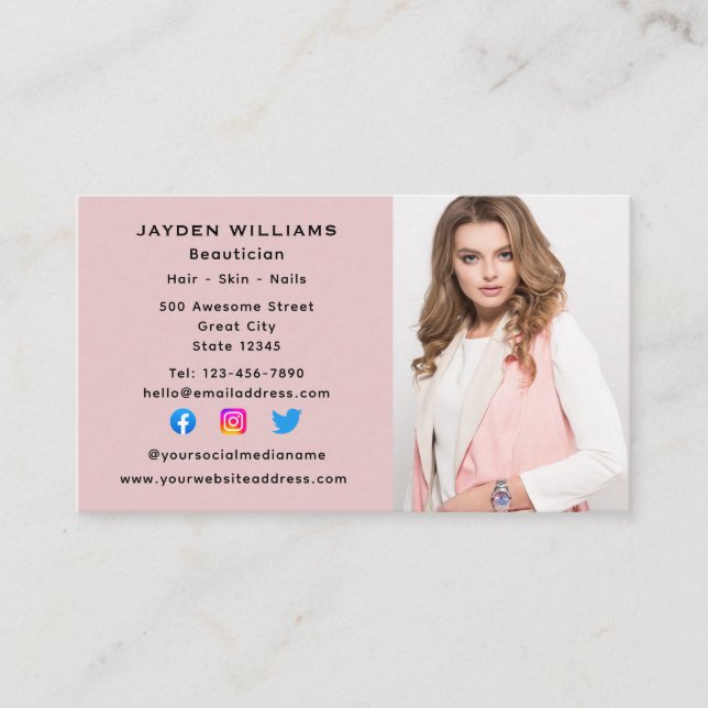 Pink Social Media Beautician Cosmetologist Photo Business Card (Front)