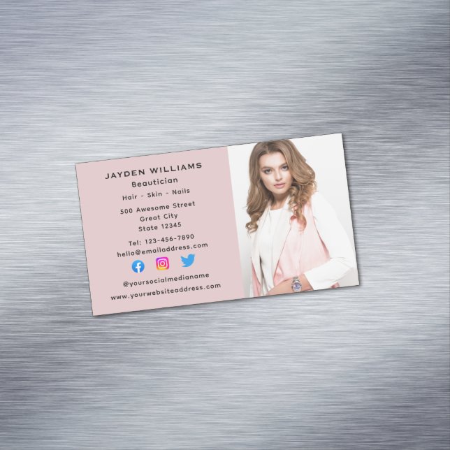 Pink Social Media Beautician Cosmetologist Photo Magnetic Business Card (In Situ)