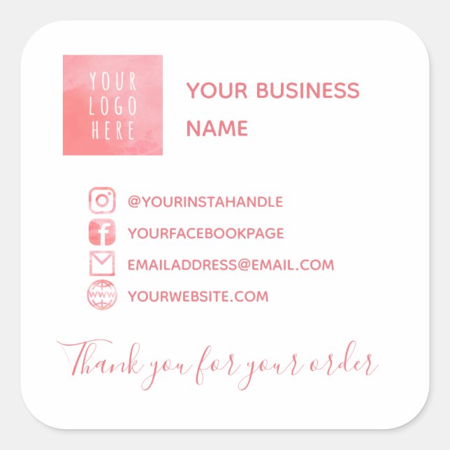 Pink Social Media & Logo Thank You Square Sticker (Front)