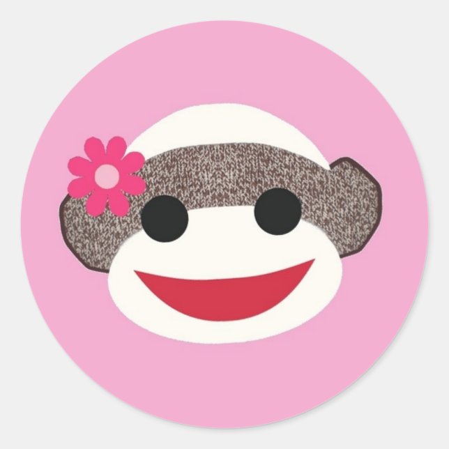 Pink Sock Monkey Flower Girl Classic Round Sticker (Front)