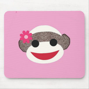 Pink Sock Monkey Flower Girl Mouse Mat
